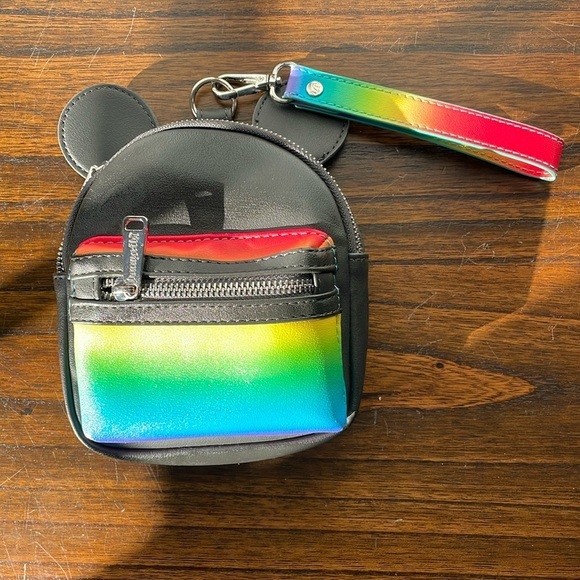 Loungelfy, Disney Parks, rainbow and black vinyl Mickey ear two-pocket wristlet - Picture 3 of 8
